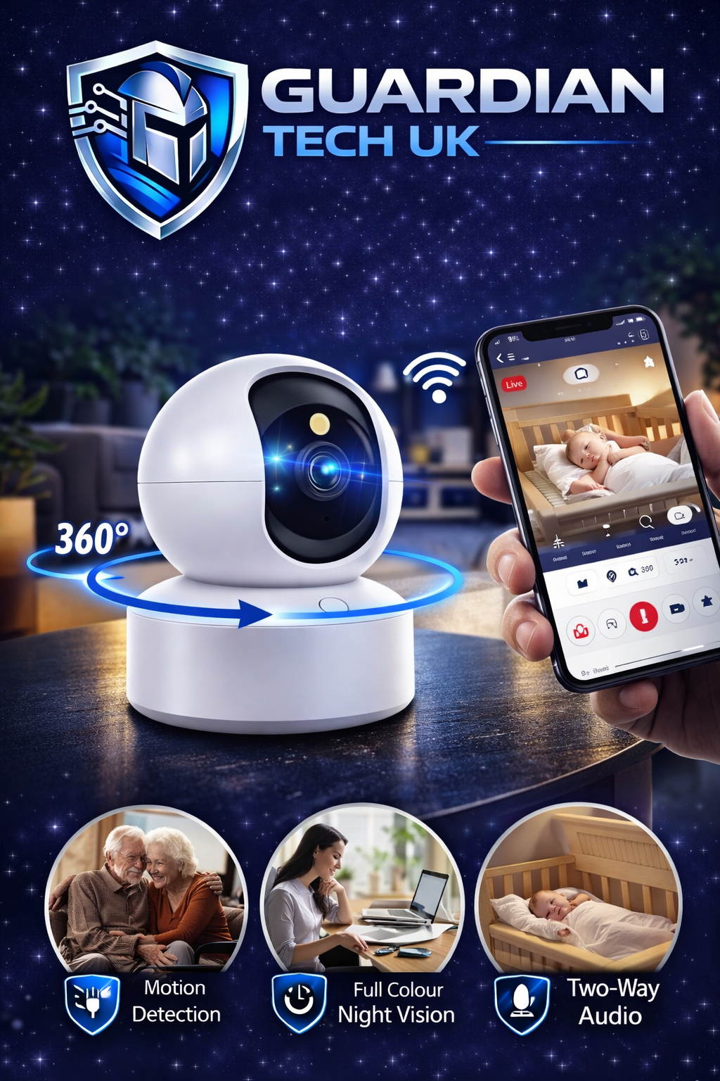 Guardian Tech UK Smart 2K Indoor Security Camera – 360° Pan & Tilt, Night Vision, Two-Way Audio, Motion Alerts & App Control