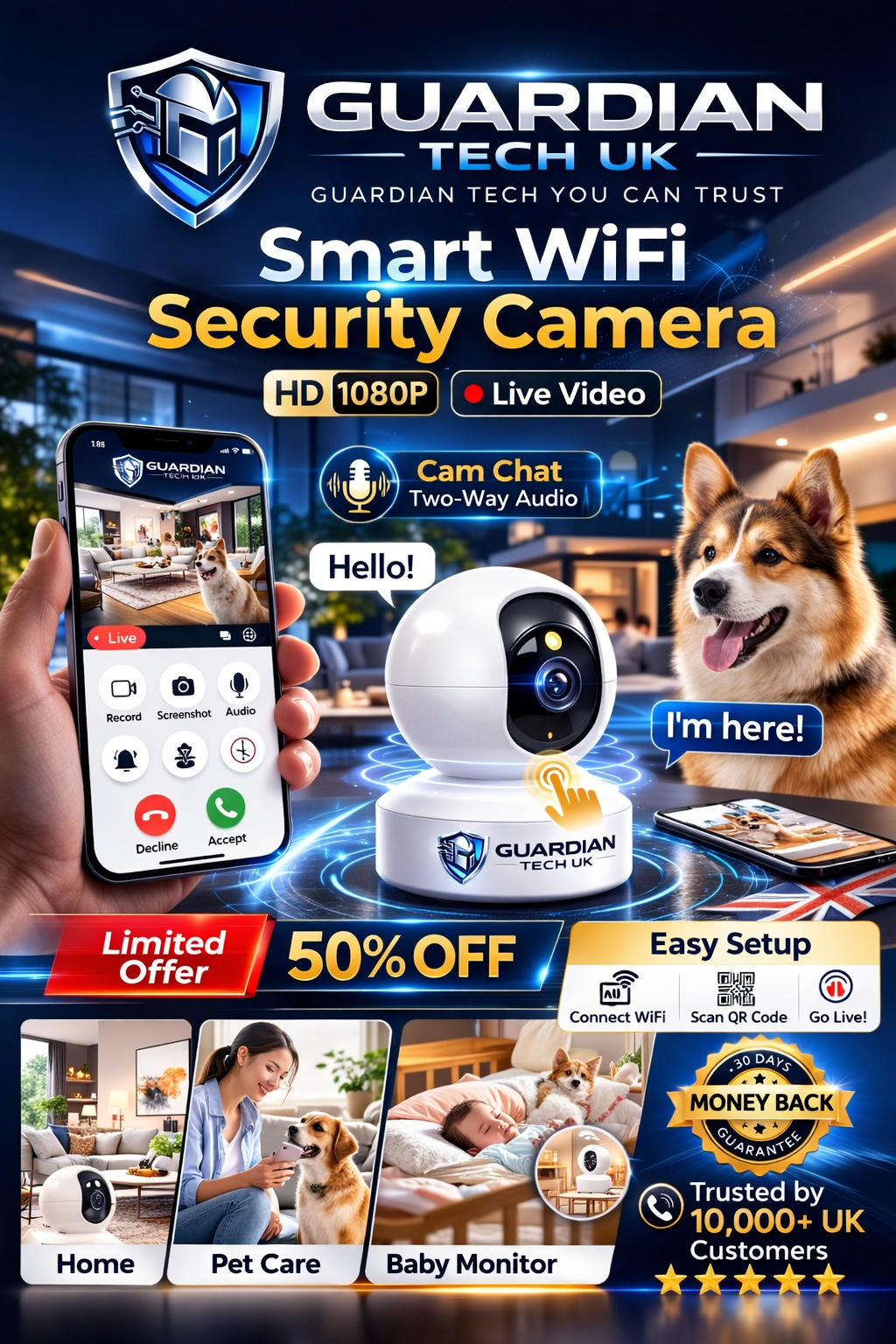 Guardian Tech UK Smart 2K Indoor Security Camera – 360° Pan & Tilt, Night Vision, Two-Way Audio, Motion Alerts & App Control