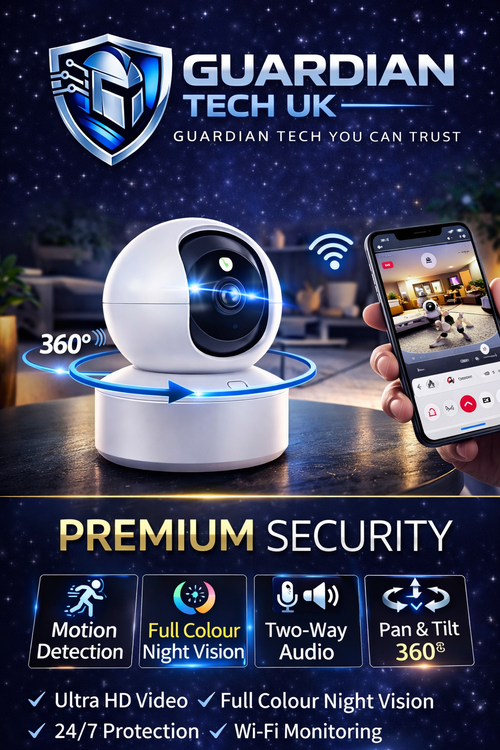 Guardian Tech UK Smart 2K Indoor Security Camera – 360° Pan & Tilt, Night Vision, Two-Way Audio, Motion Alerts & App Control